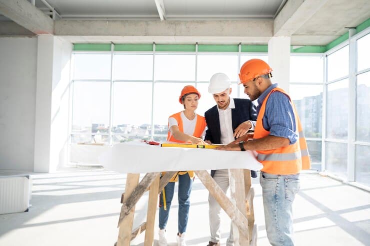 trabajadores reunidos con arquitecto discutiendo un plano